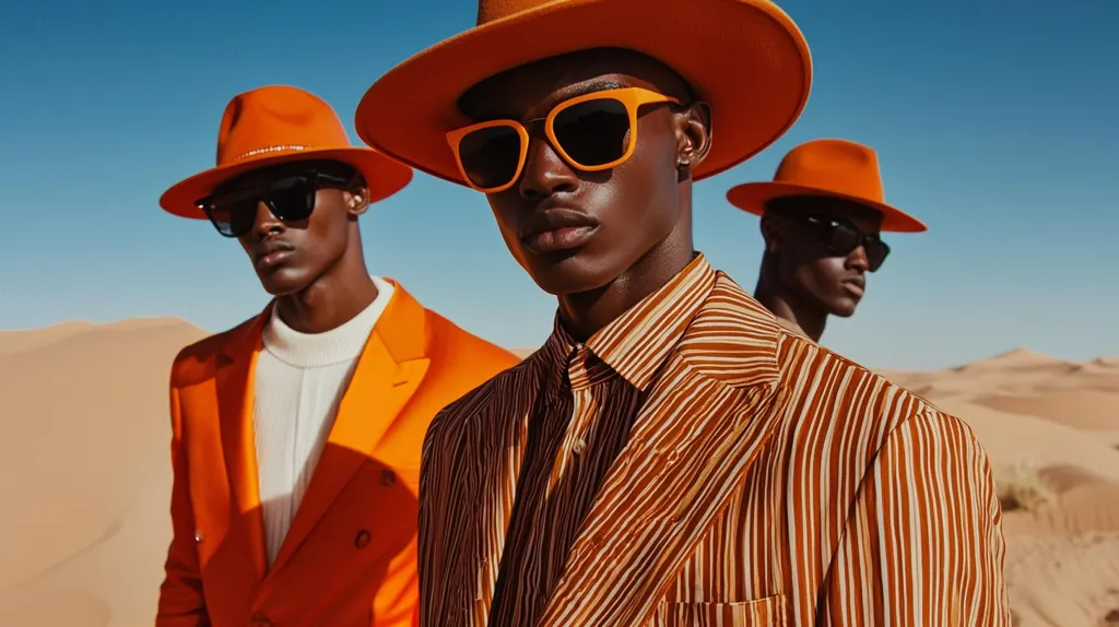 Three men in orange hats and sunglasses stand in the desert. The man in the middle is wearing a striped shirt. The man on the left is wearing a suit. The man on the right is wearing a casual shirt. The desert is a sandy brown color. The sky is blue. The men appear to be fashion models.  The photo has a modern and stylish vibe.