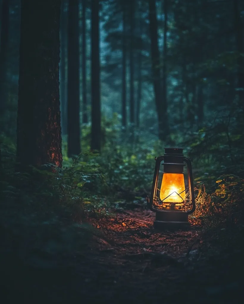 A single lantern casts a warm glow on the forest floor, illuminating the surrounding foliage. The light from the lantern cuts through the darkness, creating a small pocket of light in the otherwise shadowy woods. The lantern, with its glass panels and metal casing, seems to stand alone, a beacon of hope in the quiet and stillness of the forest. The trees, tall and imposing, stand as silent sentinels, their trunks blending with the darkness, a backdrop to the lantern's solitary glow. The air is thick with the scent of damp earth and pine needles, and the only sound is the gentle rustle of leaves. The image evokes a sense of mystery, adventure, and the beauty of the natural world.