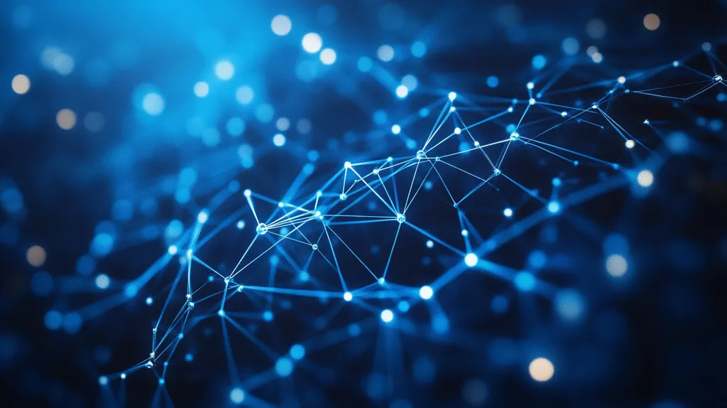 The image shows a network of interconnected lines and dots, creating a complex and abstract pattern. The lines are thin and delicate, while the dots are small and luminous, suggesting a flow of information or energy. The background is a deep blue, with some out-of-focus lights, creating a sense of depth and mystery. The image could be interpreted as a representation of the internet, social networks, or other interconnected systems.