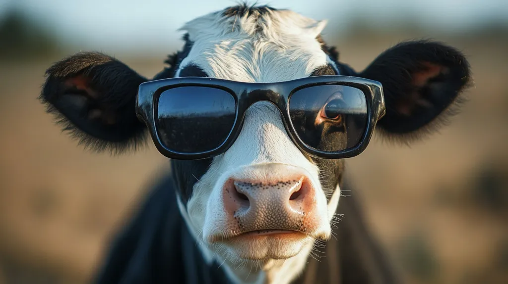 A black and white cow wearing dark sunglasses looks directly at the camera. Its large, black ears and black and white face are visible, with the sunglasses obscuring its eyes. The cow's snout is pink, and its fur is smooth. The background is blurry and out of focus.  The cow appears cool and aloof, with a slightly skeptical expression.