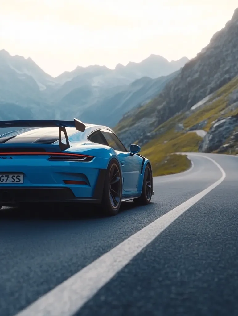 A blue Porsche 911 GT3 RS is driving on a winding road through a mountain pass. The car is seen from the rear, with its rear spoiler extended. The road is lined with a white stripe, and the mountains are visible in the background. The sky is clear and bright, and the sun is shining. The car is driving away from the viewer, suggesting a feeling of freedom and adventure.