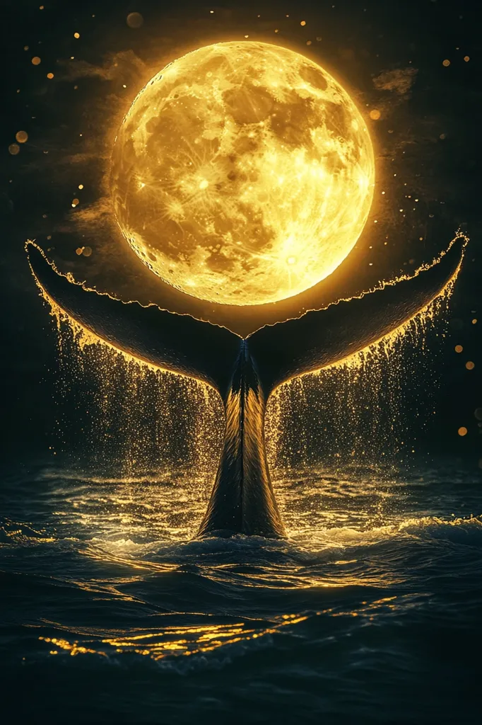 The image shows a large, glowing moon in the sky.  A whale's tail breaks the surface of the water below, bathed in the moonlight.  The scene is filled with a sense of magic and wonder, as the whale's tail appears to be reaching up to touch the moon.  The water is rippling and sparkling, reflecting the light of the moon.  The overall effect is one of beauty and serenity.