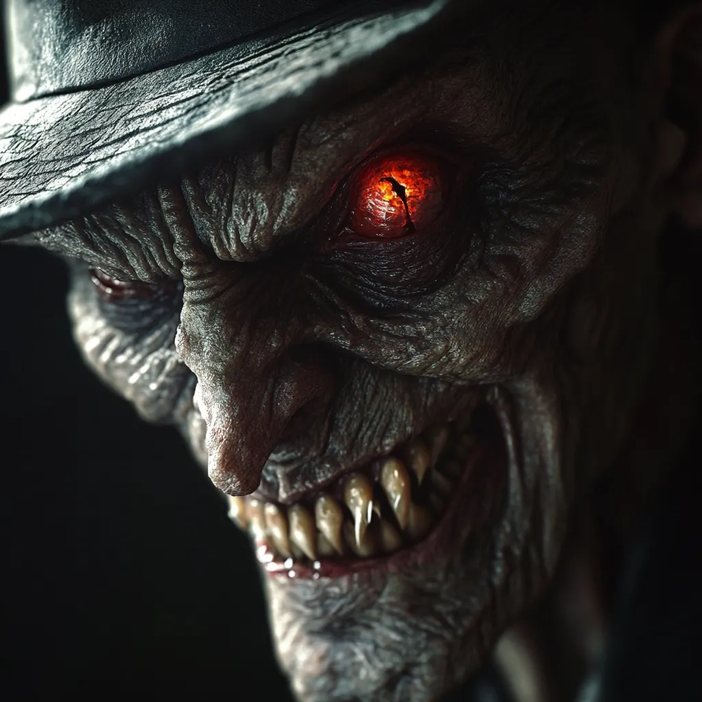 The image shows a close-up of a grotesque, monstrous creature with a large, crooked nose and a wide, toothy grin.  His glowing red eye stares directly at the viewer. The creature is wearing a dark hat and his face is wrinkled and aged, adding to his sinister appearance. The overall effect is one of horror and unease.