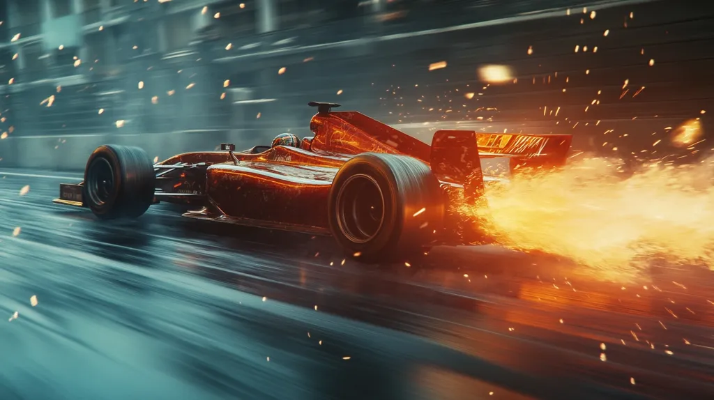 A red race car speeds along a wet track, leaving a trail of sparks and fire behind it. The car is blurred due to its speed, and the background is a blur of gray and black. The image is full of motion and energy, suggesting a thrilling race.