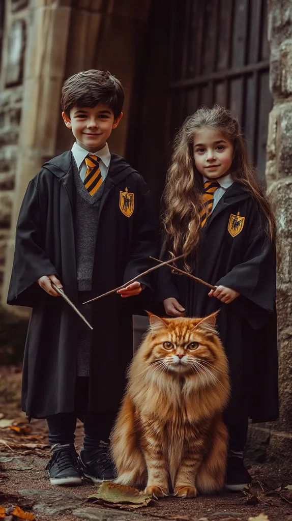 Two children, a boy and a girl, dressed in black robes with yellow and gold accents, stand in front of a stone wall, holding wands. They have a fluffy orange cat sitting in front of them. The children's attire and the wands suggest they are witches or wizards, perhaps attending a magical school. The image has a whimsical and enchanting atmosphere.