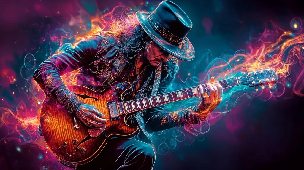 A guitar player wearing a black hat and leather jacket is passionately playing an electric guitar. His long hair flows in the wind as he leans into the music.  The background is a vibrant swirl of purple, pink, and blue colors, reminiscent of flames and smoke. The image captures the energy and emotion of live music.
