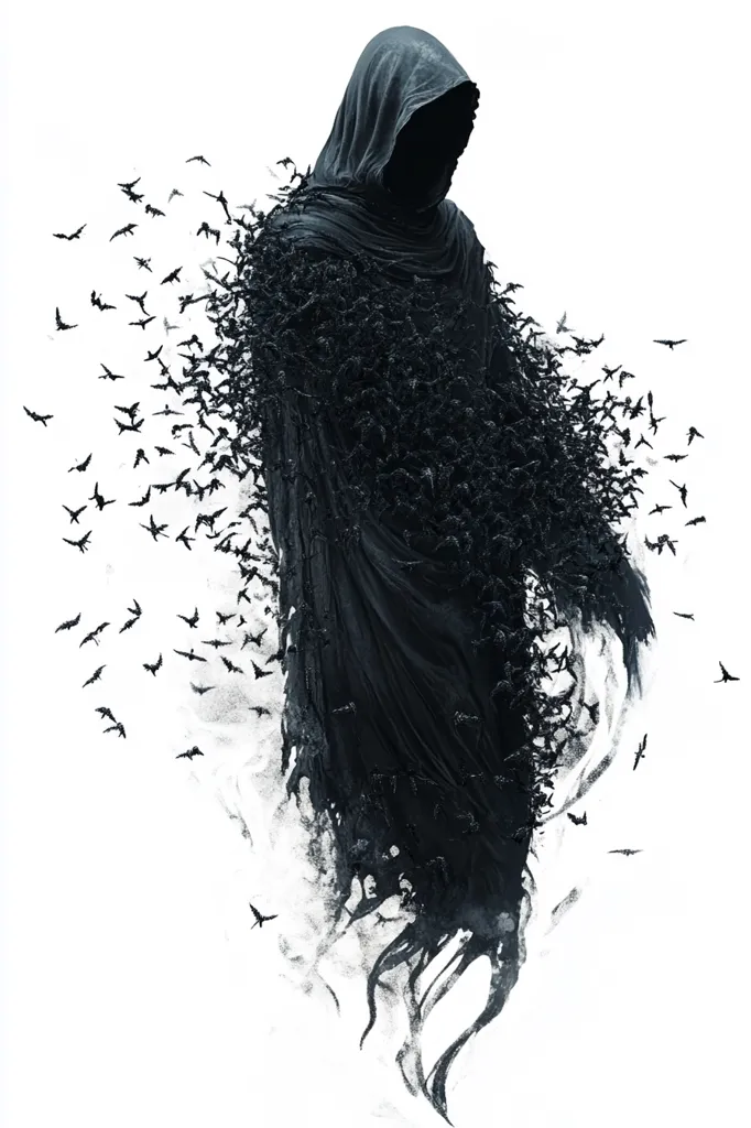 A hooded figure, cloaked in darkness, stands against a white background. The figure appears to be dissolving into a swarm of black birds. The image evokes a sense of mystery and foreboding. The birds' silhouettes create a sense of movement and energy, suggesting a transformation or departure. The image is stark and simple, yet impactful.