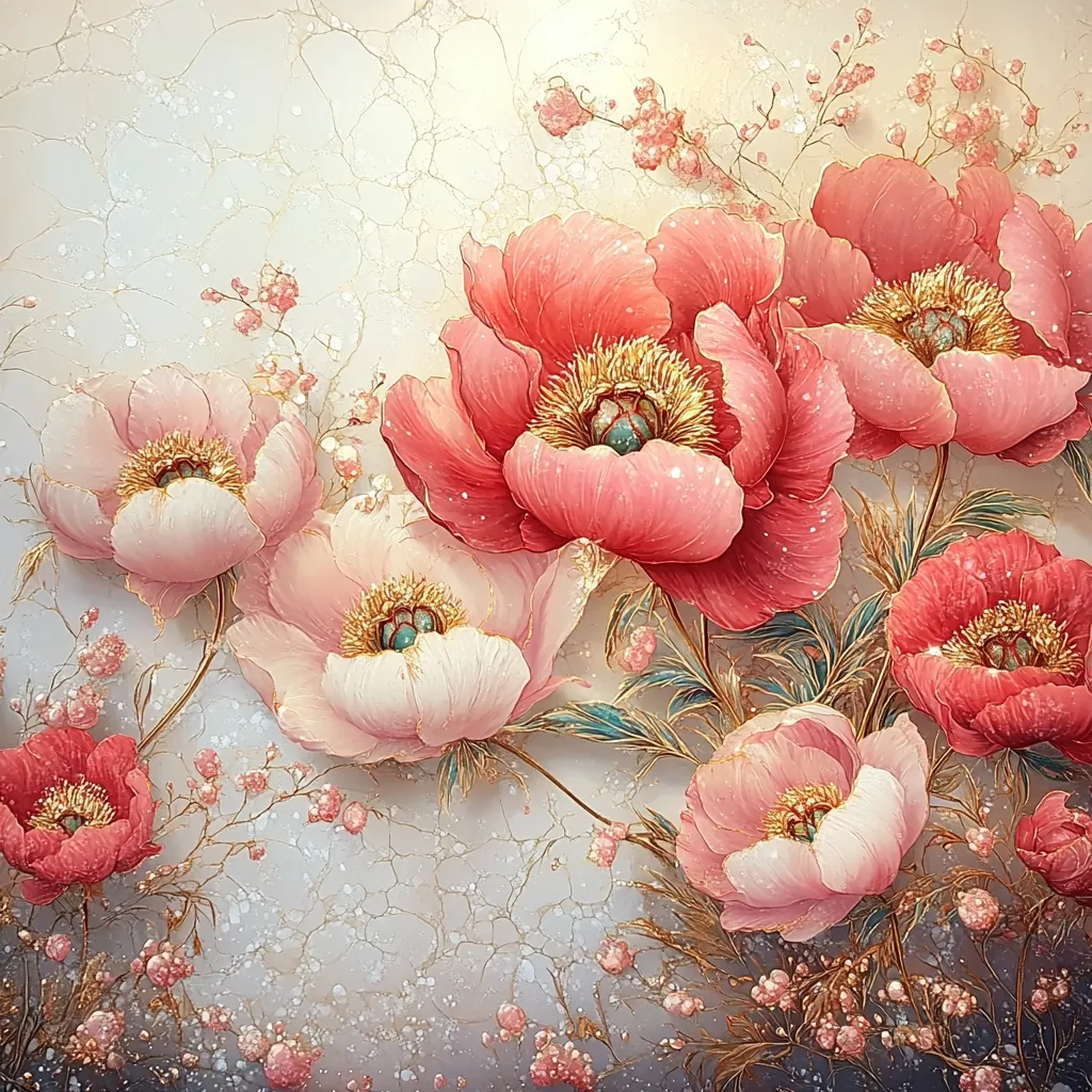 A cluster of pink and red peonies with golden accents blooms against a white cracked background. The peonies have delicate petals and are surrounded by small pink flowers and gold-tinged leaves. The image evokes a sense of beauty and elegance.