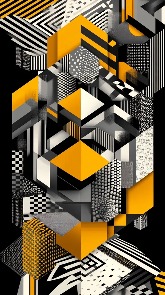 The image is a geometric abstract pattern with a mixture of black, white, and yellow colors. It is a mix of squares, rectangles, and triangles that are stacked on top of each other, with some of the shapes appearing to be three-dimensional. The image has a modern and minimalist aesthetic, with a focus on symmetry and repetition.  There are different textures within the pattern, including stripes, dots, and checkers.