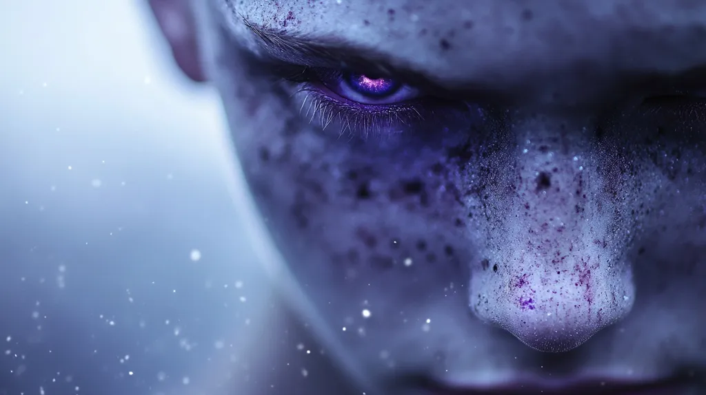 A close-up shot of a person's face, their eye is glowing with an intense purple light. The skin is covered in small, dark spots and the face appears to be dusted with a fine, white powder. The background is a blurry blue with specks of white light. The image evokes a sense of mystery and danger.