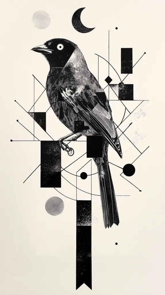 The image depicts a black bird perched on a geometric structure made of lines, circles and squares. The bird is facing left, with a long tail, and its head is turned slightly to the right, looking towards a crescent moon at the top of the composition. The bird is rendered in detail with intricate lines and textures, while the geometric forms are simple and minimalist.  The image is set against a white background, creating a striking contrast between the dark bird and the light surroundings.  It suggests a sense of balance between natural and man-made elements.