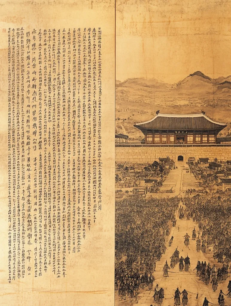 The image is a traditional Chinese scroll painting. The left side features a vertical column of written Chinese characters, while the right side depicts a scene of a large procession of people, possibly a royal entourage, approaching a grand palace complex. Hills and a backdrop of lush green mountains complete the scene. The artwork is likely a historical depiction of a significant event in Chinese history. The use of delicate ink strokes and subtle shading creates a sense of depth and movement, capturing the grandeur and scale of the occasion.