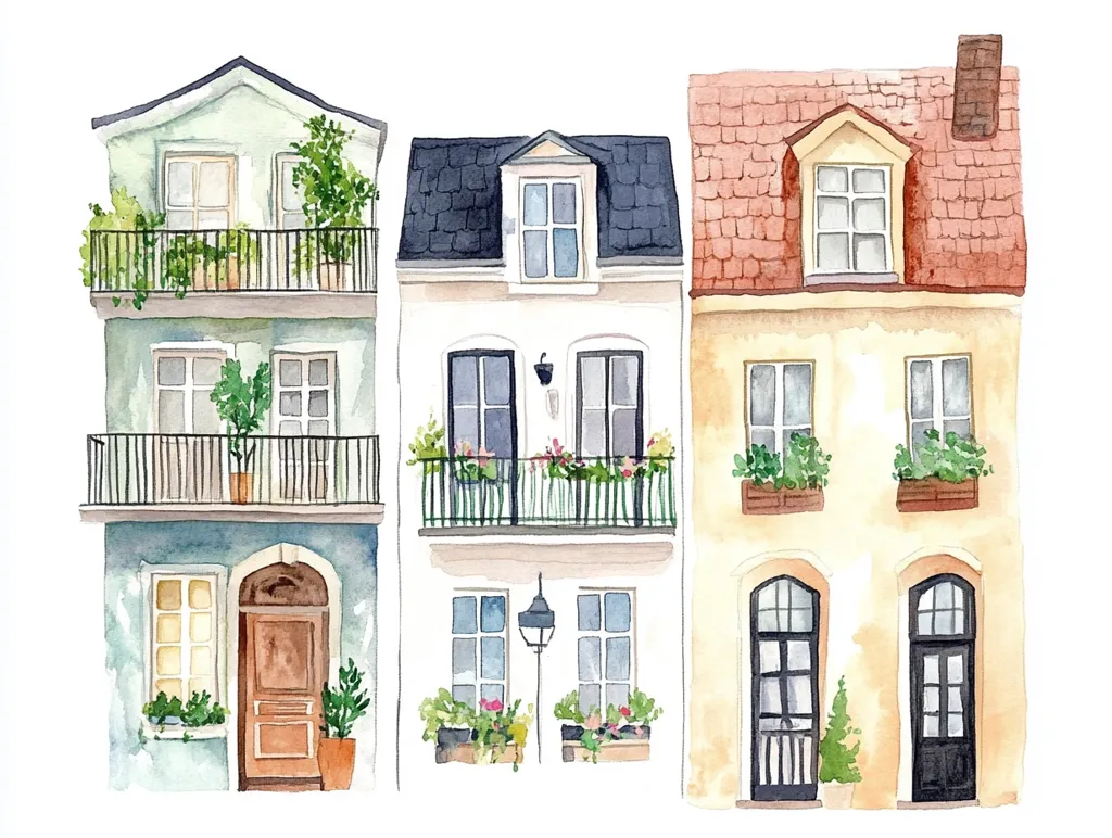 A watercolor illustration depicts three charming townhouses, each with unique architectural details. The leftmost house is a pale blue-green, adorned with lush greenery and a charming wooden door. The center house, painted in crisp white, features a balcony with potted plants and a black-framed window. The rightmost house, a warm yellow hue, has a red-tiled roof and a pair of elegant black doors. Each house has a distinct charm, showcasing the artistry of watercolor painting.