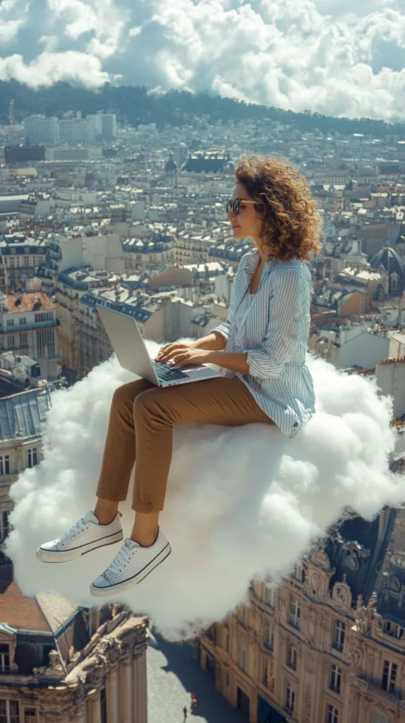 A woman sits on a fluffy white cloud, high above a city.  She is wearing a white and blue striped shirt, brown pants, and white sneakers.  She has curly brown hair, and is typing on a silver laptop. The city is in the background, and the sky is blue with fluffy white clouds.  The photo has a surreal and whimsical feel.