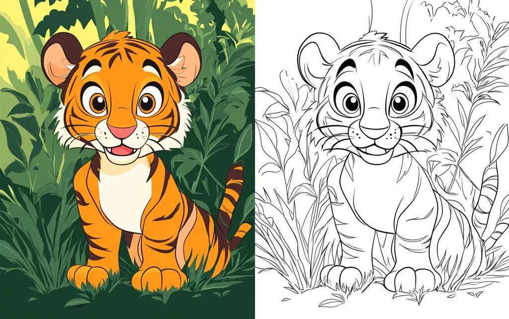 The image shows a cartoon tiger cub, drawn in both color and black and white. The colored version depicts the tiger cub with orange and black stripes and a white chest, standing in green foliage. The black and white version is a coloring page, ready for someone to add their own colors. The tiger cub has large, expressive eyes and a happy smile. It looks like it's about to playfully pounce.