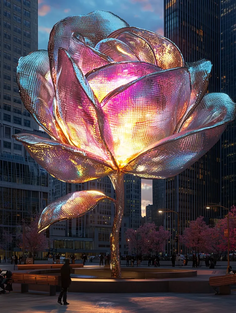 A large, metallic rose sculpture stands tall in a city plaza at dusk. Its petals are made of shimmering, iridescent metal, catching the fading light of the setting sun. The sculpture is illuminated from within, casting a warm glow on the surrounding area. People walk by, their silhouettes barely visible against the twilight sky. The urban cityscape serves as a backdrop, adding a sense of modern grandeur to the scene. The rose sculpture stands as a symbol of beauty and resilience in the concrete jungle.