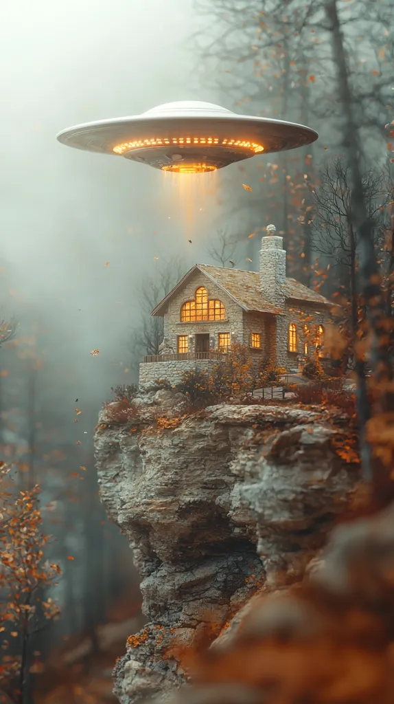A flying saucer hovers over a stone house perched on a rocky cliff in a misty forest. The saucer emits a bright light, illuminating the house and the surrounding trees. Fallen leaves litter the ground, adding to the ethereal and otherworldly atmosphere. The scene evokes a sense of wonder and mystery, suggesting a possible encounter between human and extraterrestrial life.