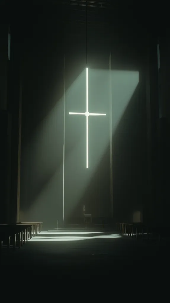 The image shows a dimly lit room with a large, white cross hanging from the ceiling.  The room is empty except for rows of wooden benches lining the sides and a single bench in the center. Light streams through the windows, illuminating the cross and the benches. The atmosphere is somber and contemplative.