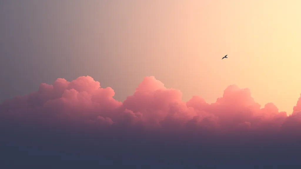 A lone bird soars through a vibrant, peach-colored sky, silhouetted against a backdrop of fluffy pink clouds. The clouds stretch across the horizon, creating a dreamy and ethereal atmosphere. The soft light bathes the scene in a warm, golden glow.  The colors are calming and serene, evoking a sense of peace and tranquility.