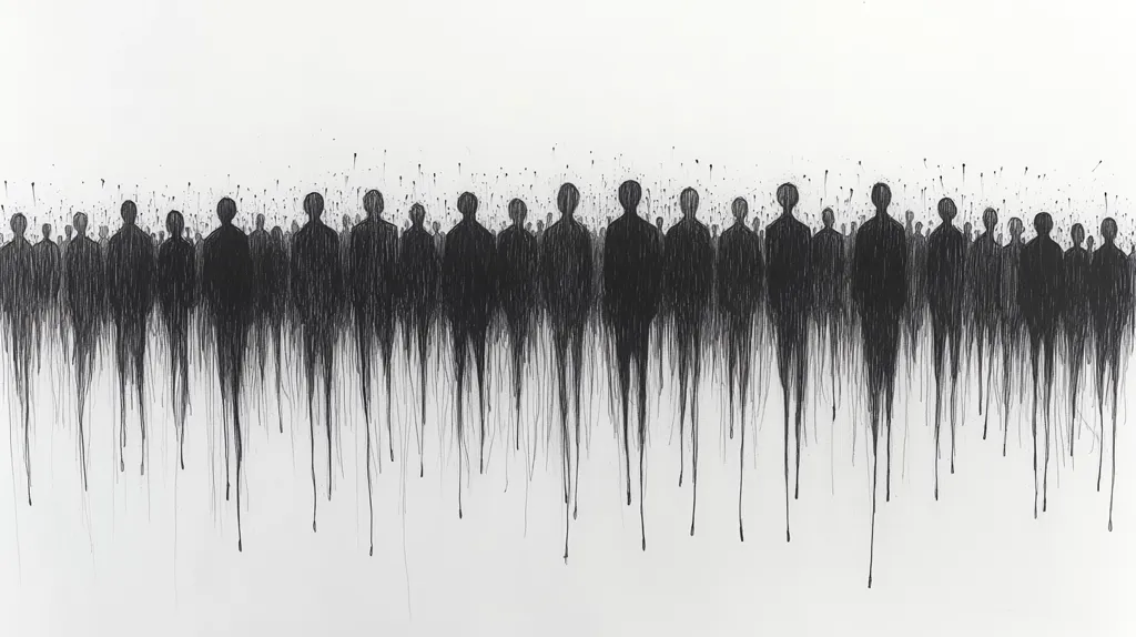 The image is a black and white drawing of a crowd of people.  The figures are drawn in a simple, minimalist style and are all facing forward.  They are arranged in a single line, and the artist has used a technique of dripping ink to create the effect of the figures melting away.  The image is stark and somewhat unsettling, and it is likely intended to evoke feelings of anonymity and loss.  The drips of ink also suggest the passing of time.