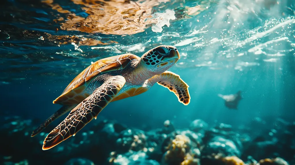 A sea turtle gracefully swims through crystal-clear turquoise water, sunlight filtering through the surface above. Its shell is a beautiful blend of brown and green, and its flippers propel it effortlessly. The turtle's head is raised, gazing into the distance, perhaps towards a nearby reef or a school of fish. The underwater scene is a breathtaking display of nature's beauty.