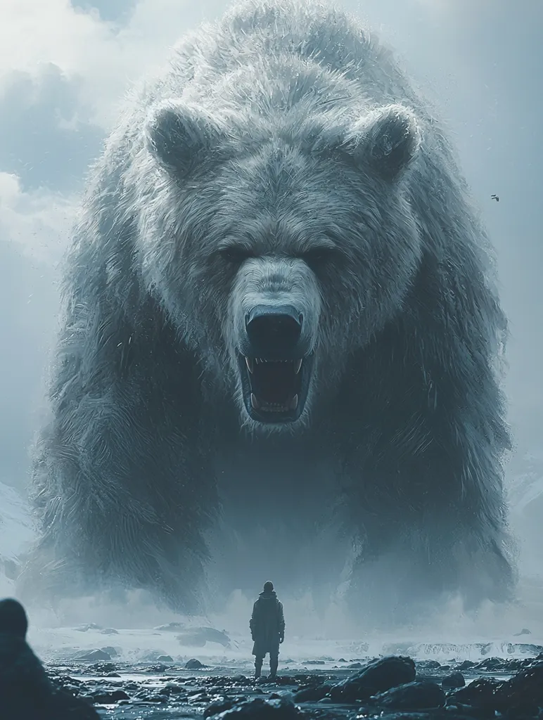 A colossal, white bear stands menacingly over a lone, silhouetted figure in a snowy landscape. The bear's massive size and open maw create an imposing presence, while the figure's small stature and distance emphasize the bear's dominance. The icy background and the bear's fur are rendered with a blueish tint, adding to the image's ominous atmosphere. The scene evokes feelings of vulnerability and fear, highlighting the raw power of nature and the insignificance of humanity in its face.