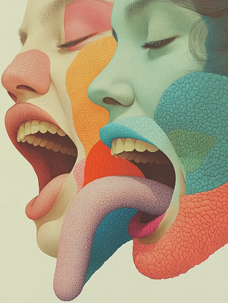 The image is a close-up of two faces with their mouths open, revealing their teeth and tongues. The faces are composed of colorful, textured patches that resemble scales or skin. The image is stylized and surreal, and the overall effect is one of strangeness and disorientation. The bright colors and the exaggerated features give the image a playful and slightly unsettling feel.