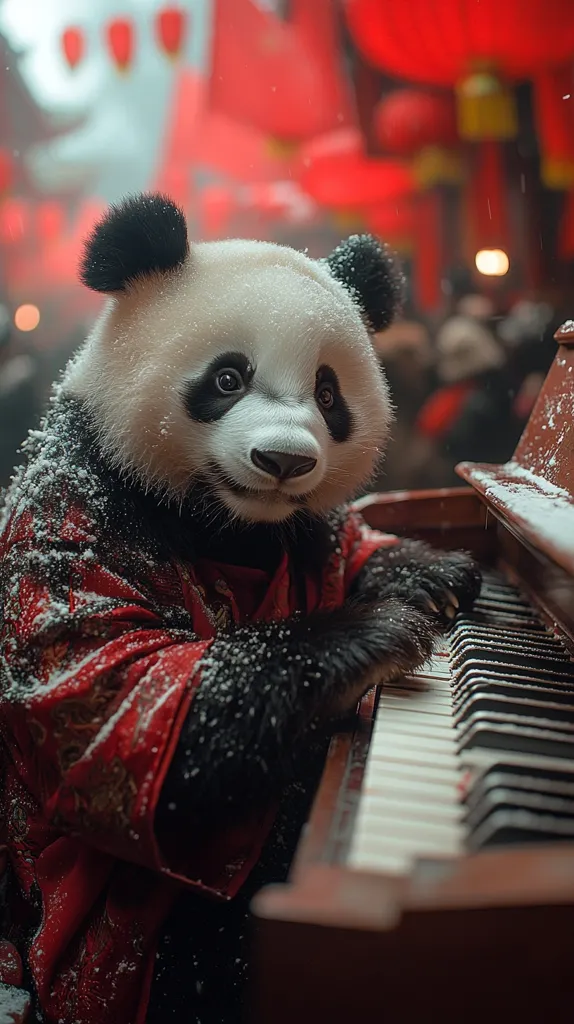 A panda bear dressed in a red and gold robe is playing a piano. It is a close-up shot of the panda's face, which is looking down at the keys. The piano is a dark wood with ivory keys. There is a blurry background of red decorations. The panda is wearing a red and gold robe with snow on it.  The panda is wearing a red and gold robe, which is typical of Chinese traditional clothing.  The panda is playing the piano with its paws. The image is likely taken in a place celebrating the Chinese New Year, as the panda is dressed in traditional Chinese clothing and the decorations are red.