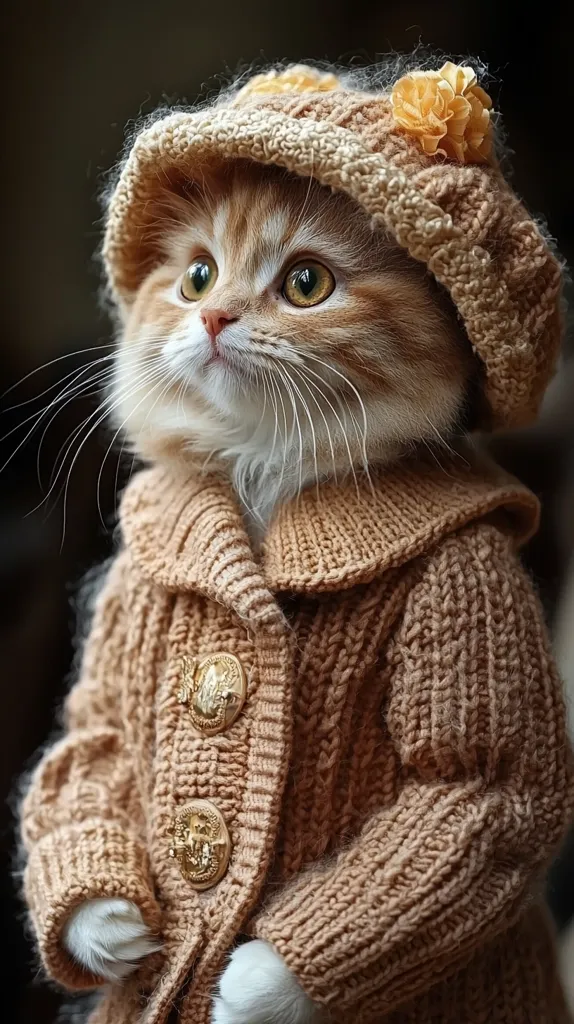 A fluffy ginger cat is dressed in a cozy knitted sweater and matching hat. The sweater has large gold buttons and the hat is adorned with a small yellow flower. The cat is looking up with big, round eyes and a curious expression. Its fur is soft and warm-looking.  The image evokes a sense of comfort and warmth.