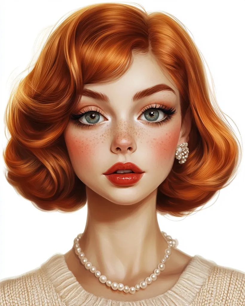 The image depicts a woman with bright red hair styled in a short, curled bob. Her eyes are large and blue, framed by thick eyelashes and defined eyebrows. She has freckles and rosy cheeks. Her lips are painted a vibrant red, and she wears a pearl necklace and earrings. The woman's expression is serene and confident, her gaze directed straight ahead.