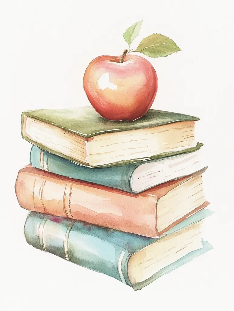 A watercolor painting depicts a stack of four books with a red apple sitting on top. The books are closed and have different colors, including green, blue, and brown. The apple has a green leaf stem and is slightly tilted. The painting is rendered in a soft and delicate style, with the colors blending seamlessly. It evokes a sense of tranquility and a love for reading.