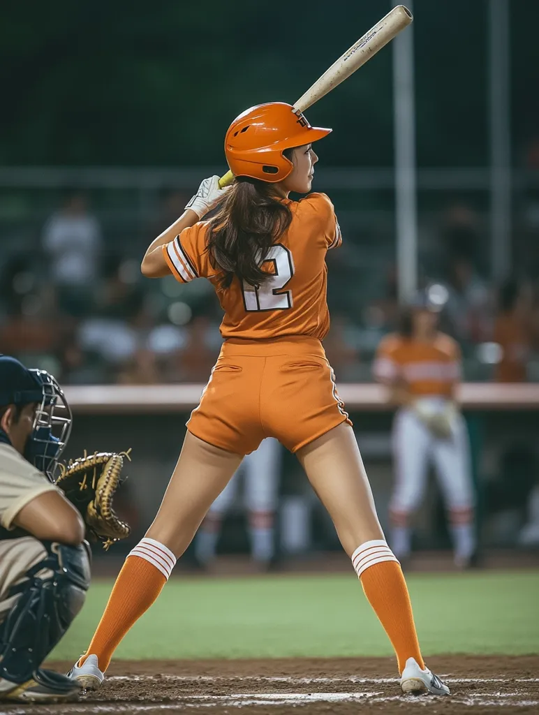 A female baseball player in an orange uniform with the number 12 on the back is batting. She is wearing a helmet and knee-high socks, and she is looking intently at the pitcher. The batter is in a stance ready to hit the ball as a catcher stands behind her in a protective crouch. The background is blurry, but it appears to be a baseball field with spectators in the stands.  The image captures the excitement and intensity of a baseball game.