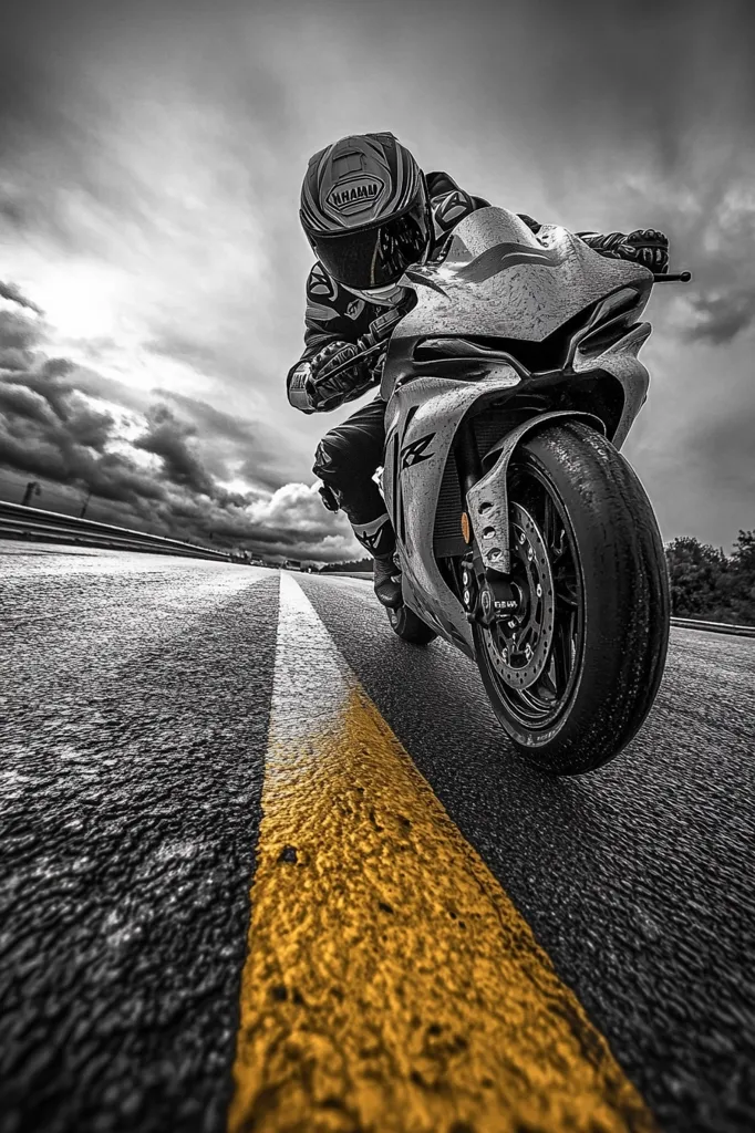A motorcyclist in full gear leans into a turn on a race track. The bike is a sleek, modern sportbike with a large front tire. The rider's helmet has a prominent "KRAM" logo. The background is a grayscale, with a dramatic sky and a yellow dividing line on the asphalt. The image captures the thrill and focus of motorcycle racing.