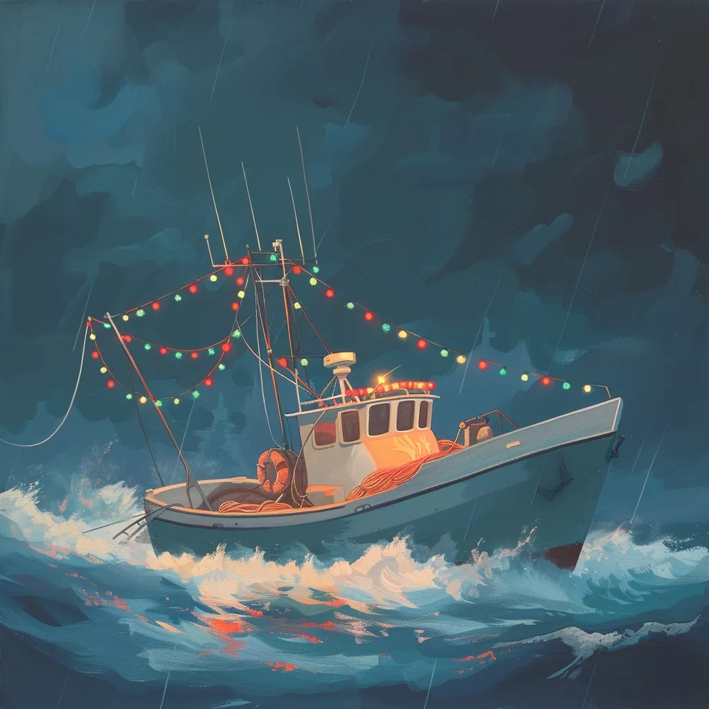 A blue fishing boat with a string of Christmas lights, sails through a dark, stormy sea. The boat's deck is lit from within, casting a warm glow against the dark backdrop. The waves crash around the boat, creating a sense of movement and drama. The image evokes a feeling of solitude and resilience in the face of adversity.