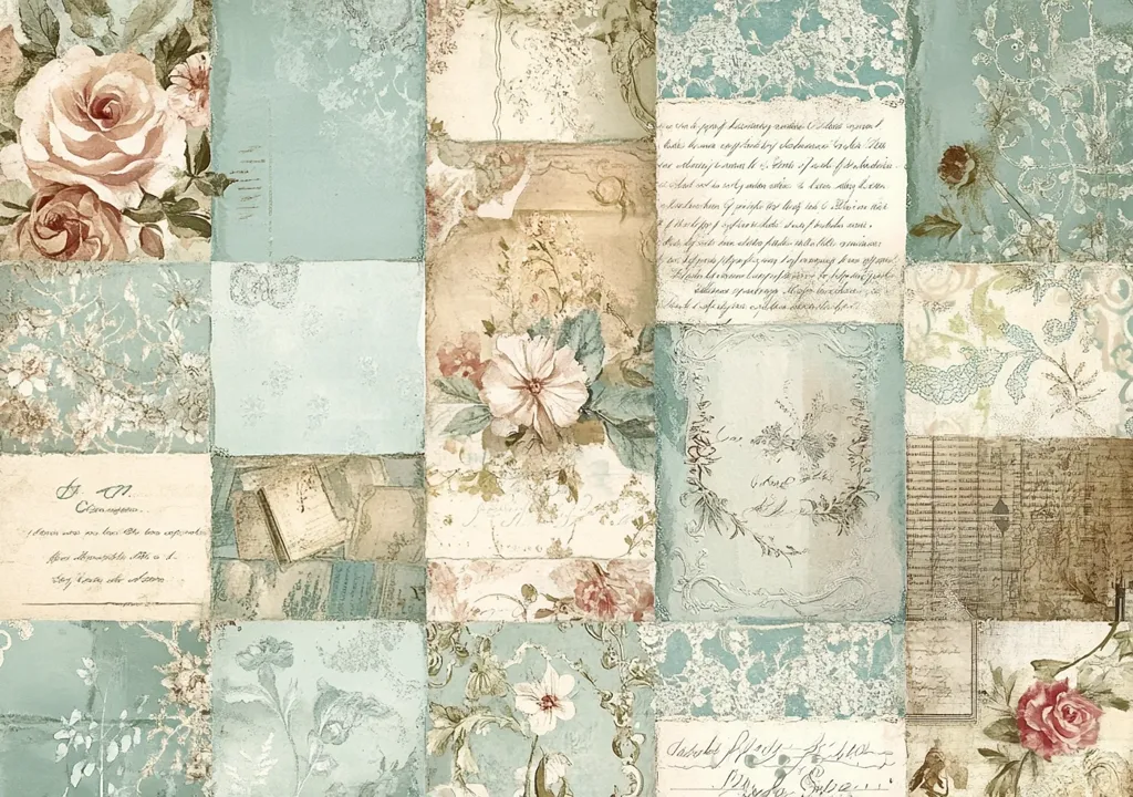 The image depicts a patchwork of vintage floral patterns and handwritten notes in faded shades of blue and brown. Delicate roses and other flowers bloom amidst swirling script and intricate details, creating a nostalgic and romantic feel. The worn texture of the paper adds to the impression of time and history, hinting at a collection of cherished memories and heartfelt messages.