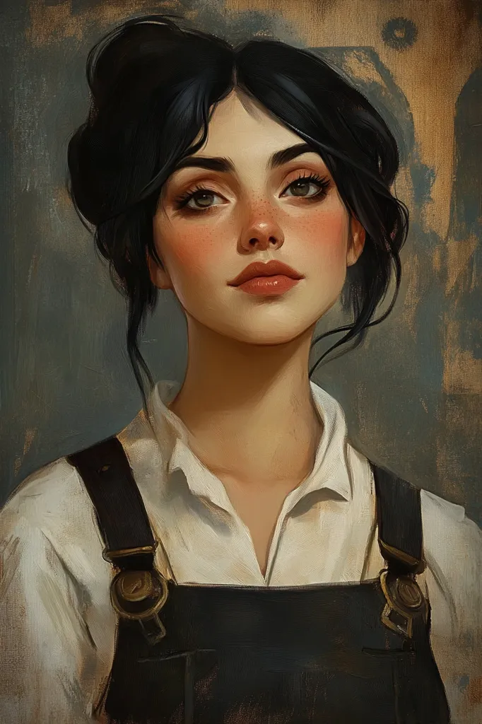 The painting depicts a young woman with dark hair, wearing a white shirt and dark overalls. Her eyes are large and expressive, and her lips are slightly parted. She has freckles and rosy cheeks, giving her a youthful and innocent look. The painting is done in a realistic style, with soft, muted colors and brushstrokes. The background is a blurry, indistinct brown and grey. The overall tone of the painting is serene and melancholic.