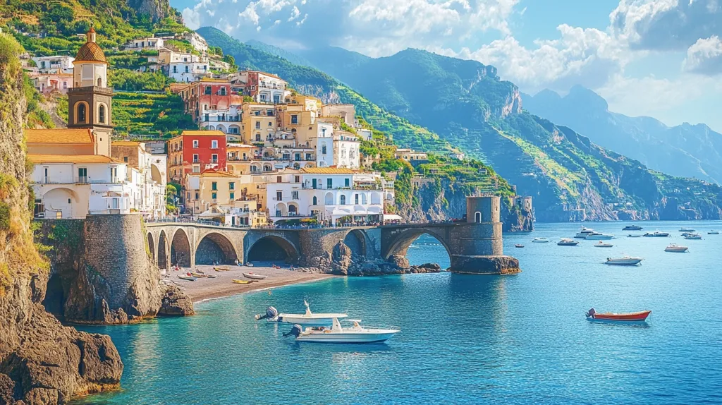 A picturesque Italian coastal town nestled against a dramatic mountainside. Colorful buildings cascade down the cliff, ending in a stone arch bridge leading to a tranquil bay. The clear blue water is dotted with boats, creating a serene and idyllic scene. The sun shines brightly, highlighting the vibrant hues of the town and the surrounding landscape.