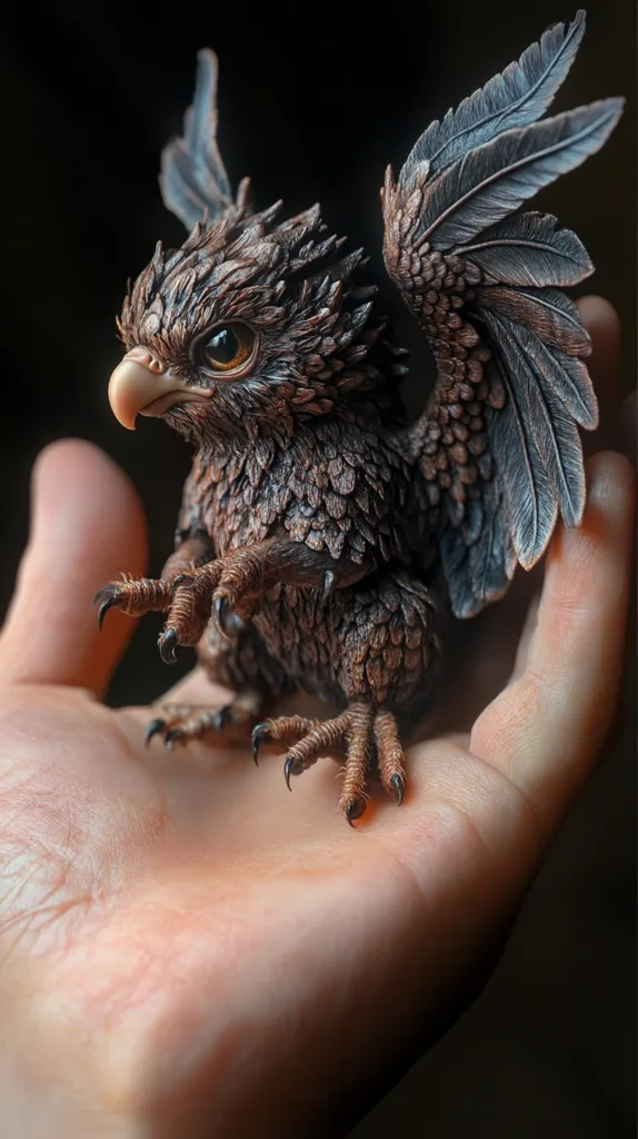 A small, intricately sculpted, brown creature with wings sits in the palm of a hand. It has large, dark eyes and a beak. The creature is made to look like a baby bird of prey with a detailed feathered texture. Its claws are sharp and pointed.  It is a beautiful and detailed work of art.