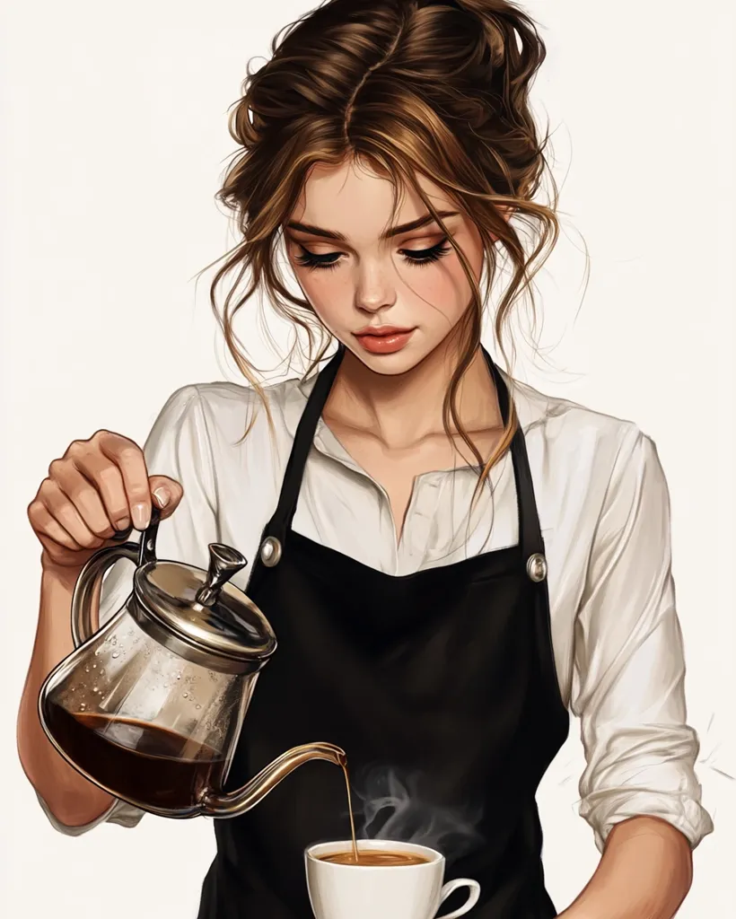 A young woman with long brown hair, wearing a white shirt and a black apron, is pouring coffee from a glass teapot into a white cup. She has a gentle expression on her face, and the steam from the coffee is rising. The background is white, giving a simple and elegant look. The image portrays a serene and intimate moment of coffee preparation.