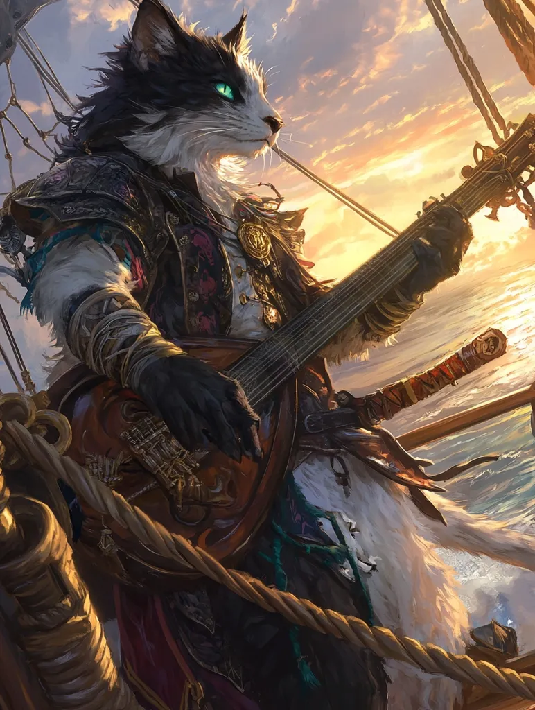 A black and white cat with green eyes, dressed in a pirate outfit, strums a lute on a ship's deck.  The sun sets behind them, painting the sky with orange and purple hues.  They are surrounded by nautical ropes and the vast ocean stretches out behind them.  The cat's expression is determined, and their eyes are focused on their music.  They are a seasoned sailor and musician, with a touch of wild abandon.