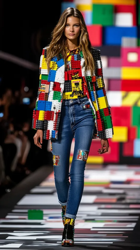 A female model walks down the runway wearing a colorful Lego-themed jacket, blue jeans with colorful Lego-themed patches, and black boots with the same theme. The background is a wall of colorful Lego bricks.  The model has long, brown hair and is wearing a colorful Lego-themed top. The overall look is playful and whimsical.