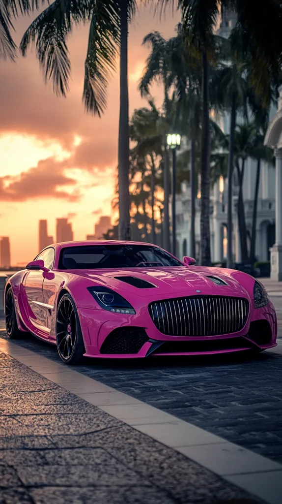 A vibrant pink sports car is parked on a cobblestone street lined with palm trees. The car has a sleek design and a black grille. The setting sun casts a warm glow on the scene. The background features buildings and a cloudy sky.  The image captures a luxurious and carefree mood.