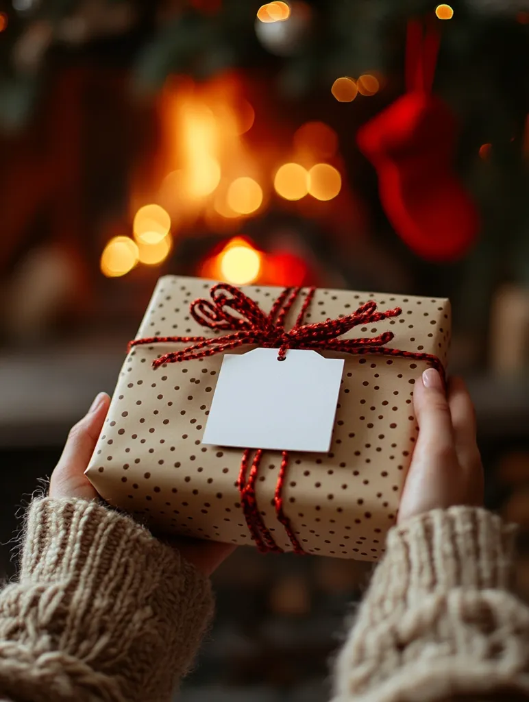 A person is holding a wrapped gift with a red ribbon and a blank white tag. The gift is in front of a blurred background of a fireplace and Christmas tree with warm lights. The person is wearing a cozy knitted sweater, adding to the festive ambiance. The image conveys the warmth and joy of the holiday season.
