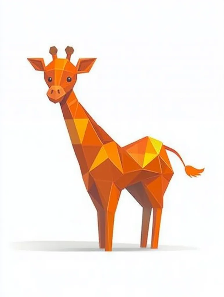 The image depicts a stylized giraffe rendered in a low-poly style. The giraffe is made up of triangles and squares, giving it a geometric appearance. It has an orange and yellow color scheme, with black outlines on its features. The giraffe is standing on a white background and is facing slightly to the right.  The image is simple and playful, with a minimalist approach to its design.