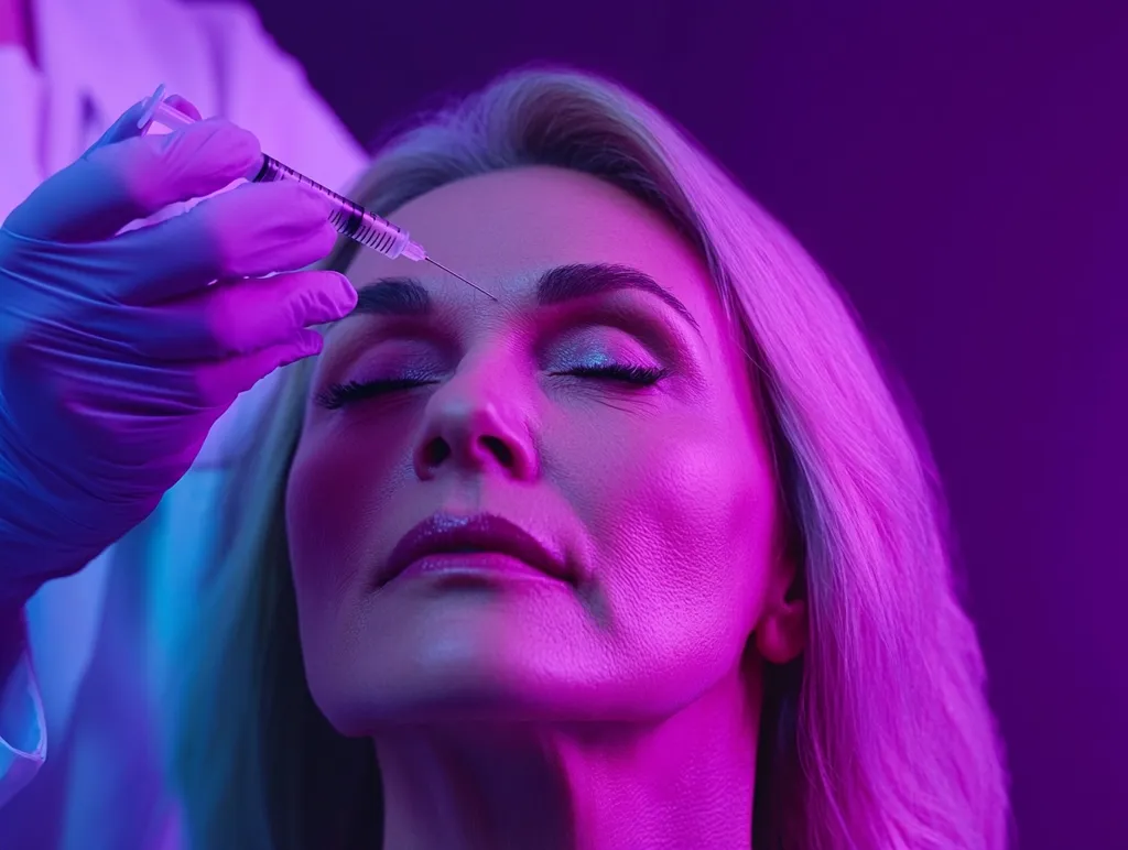 A woman with blonde hair is receiving a cosmetic injection to her forehead. The image is lit in a cool blue and warm pink light, emphasizing the procedure and the woman's features. She has her eyes closed and appears relaxed. The gloved hand of a medical professional is holding the syringe.  The focus is on the woman's face, and the background is blurred, suggesting a sterile medical environment.