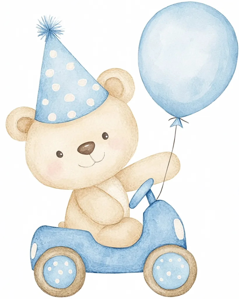 A cute, brown teddy bear wearing a blue and white party hat sits in a blue toy car. The car has polka dotted wheels and the bear holds a blue balloon with a string. The image is painted in a watercolor style.