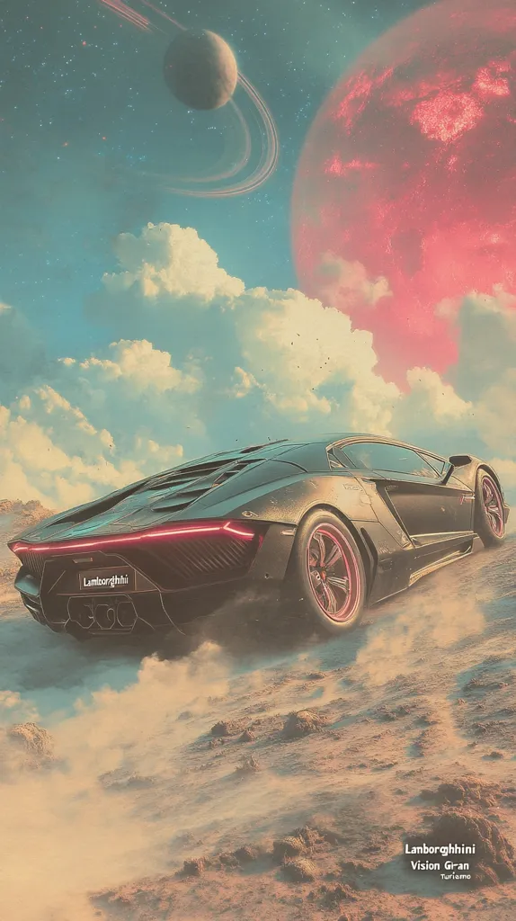 A black Lamborghini Vision Gran Turismo is driving on a dusty road in a desert landscape. The car is kicking up dust as it speeds along. In the background, a large, red planet with a ring system can be seen in the sky. There are also some clouds in the sky. The image has a retro, futuristic aesthetic.