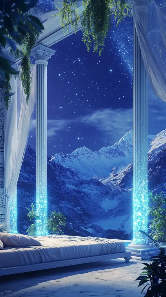 A bed sits in a luxurious, open-air bedroom overlooking a snowy mountain range. The night sky is full of stars, and the room is illuminated by a soft, blue light emanating from the pillars.  The bed is draped in white sheets, and there are green plants around the room.  The entire scene feels serene and peaceful.