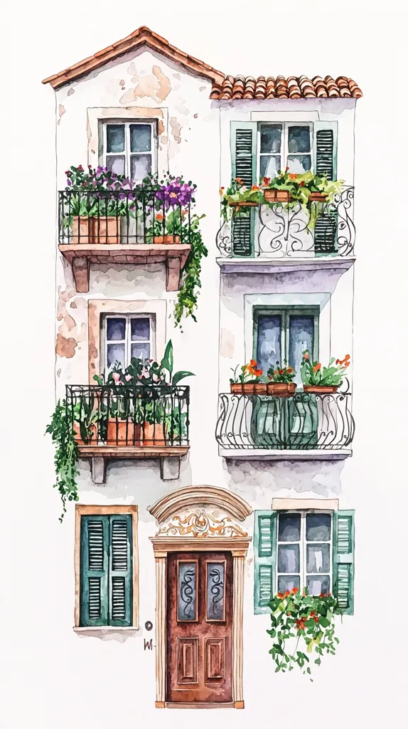 The watercolor painting depicts a three-story building with balconies adorned with lush greenery and vibrant flowers. The building has a charming facade, featuring ornate details, a wooden door, and shuttered windows. The scene evokes a sense of peaceful tranquility and picturesque European charm.