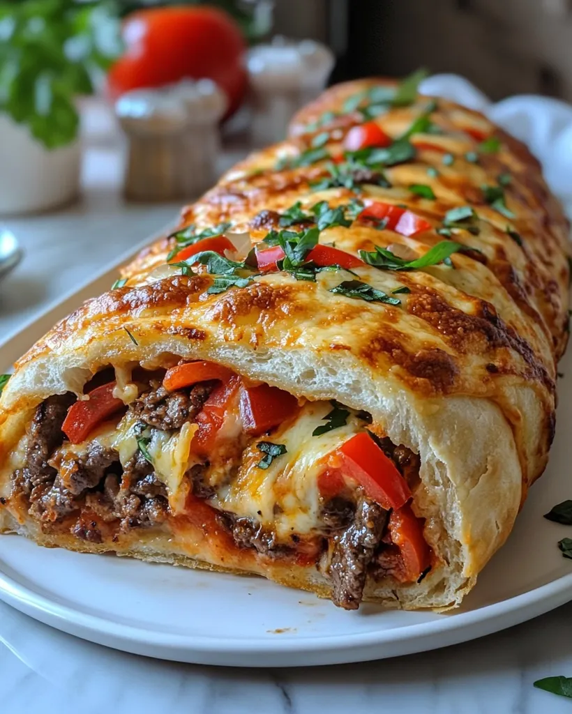 A close-up of a cheesy, meaty pizza loaf. The loaf is sliced open, revealing a cheesy, meaty filling with red peppers and basil. The loaf is topped with fresh basil and is sitting on a white plate. The background includes a blurred image of a tomato and other kitchen items.  The loaf looks delicious and inviting.